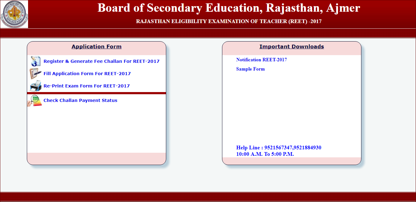 REET 2017 Apply Online Form