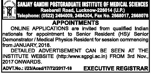 SGPGIMS Lucknow Recruitment 2017